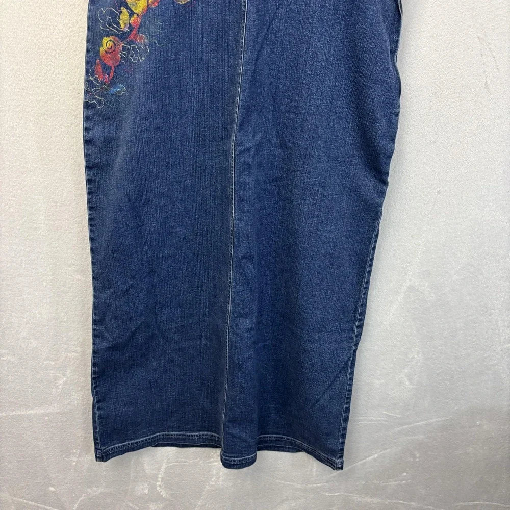 Vintage 90s Denim Painted Maxi Dress Womens XL Blue Floral Embroidered Artsy